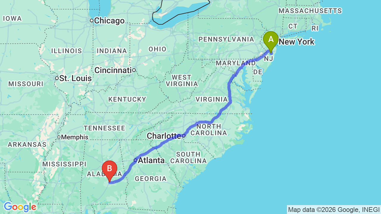 Route map: New Jersey to Alabama Car Shipping: Complete Relocation Guide
