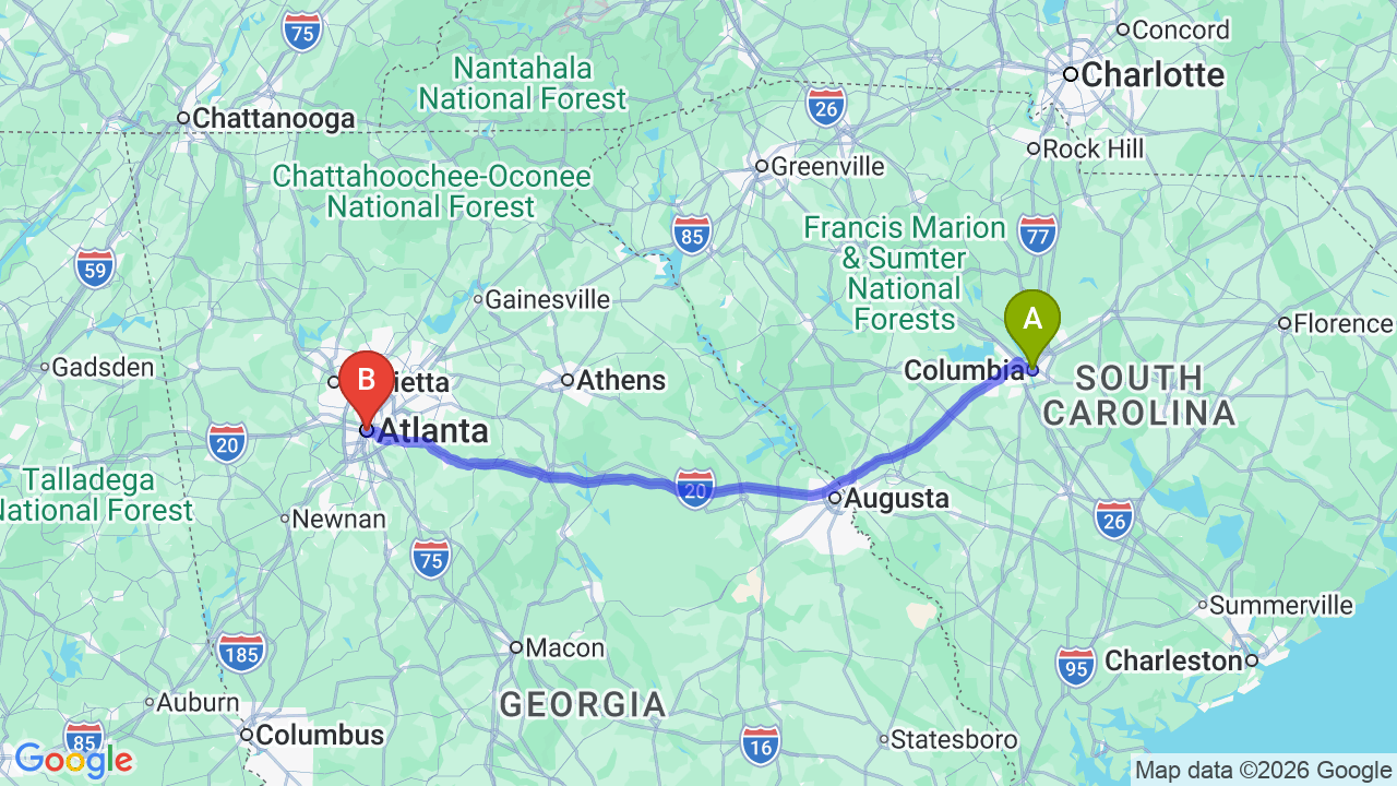 Route map: South Carolina to Georgia Car Shipping: Fast Relocation Solutions