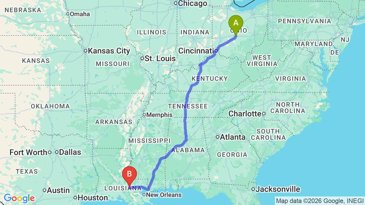 Route map: Ohio to Louisiana Car Shipping: Reliable Transport for Your Relocation