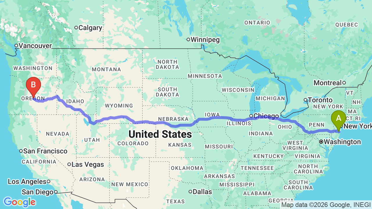 Route map: New Jersey to Oregon Car Shipping: Complete Relocator Guide