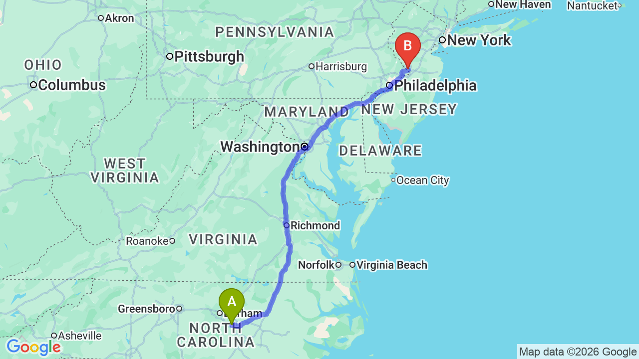 Route map: North Carolina to New Jersey Car Shipping | Relocator Auto Transport