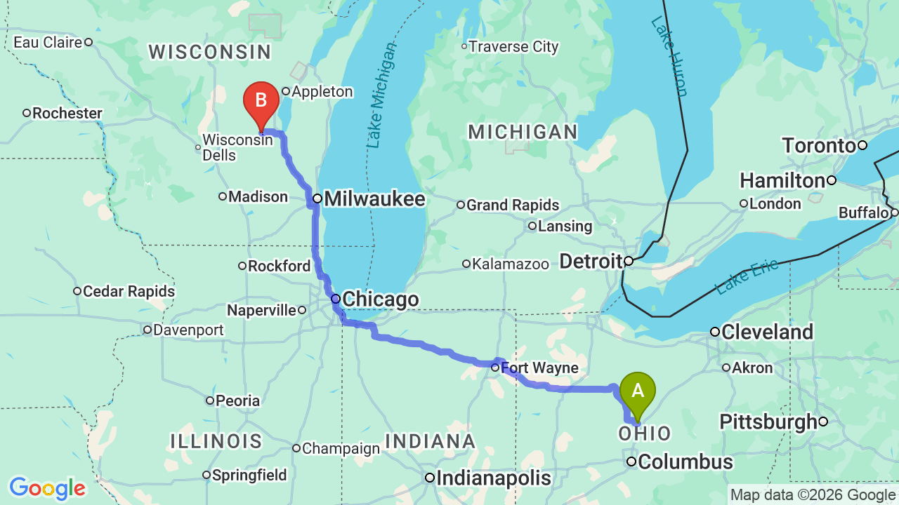 Route map: Ohio to Wisconsin Car Shipping | Cost & Time for Relocators