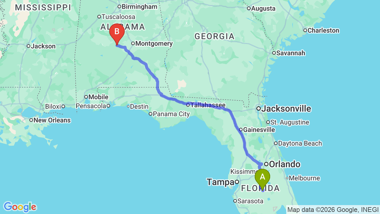 Route map: Florida to Alabama Car Shipping for Your Career Relocation