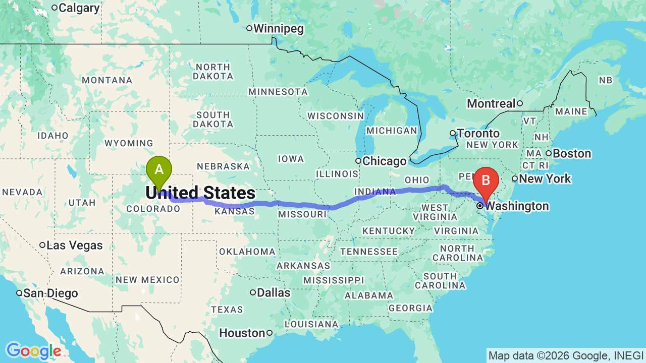 Route map: Colorado to Maryland Car Shipping for Professional Relocators