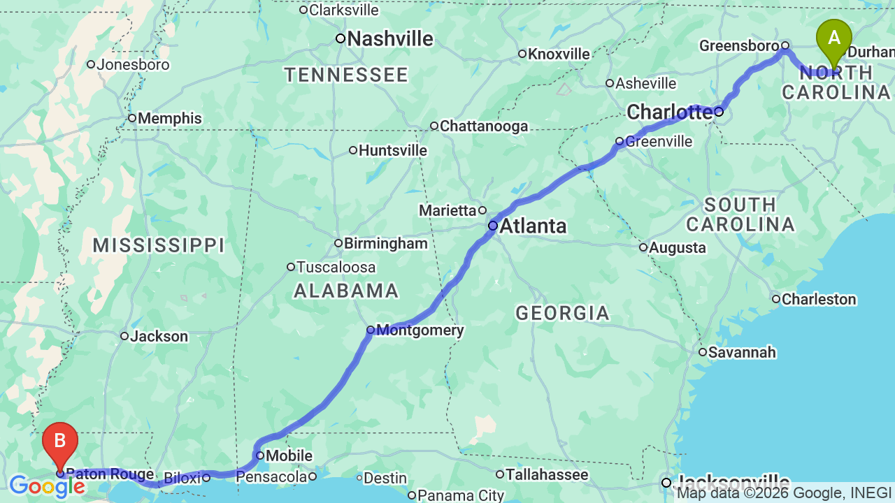 Route map: North Carolina to Louisiana Car Shipping: Relocation Guide