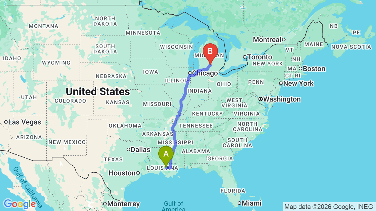 Route map: Louisiana to Michigan Car Shipping: The Complete Relocator’s Guide