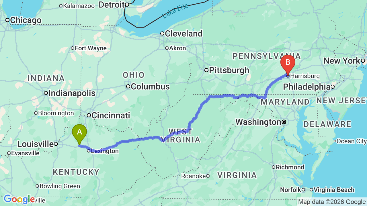 Route map: Kentucky to Pennsylvania Car Shipping: Complete Relocator Guide