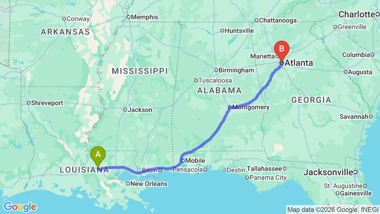Route map: Louisiana to Georgia Car Shipping: Fast, Reliable Relocation Services