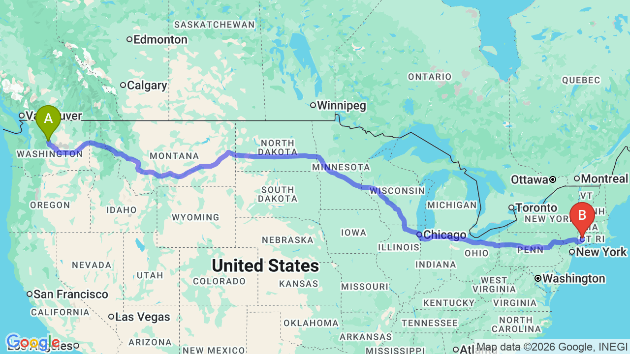 Route map: Washington to Connecticut Car Shipping: Your Cross-Country Relocation Guide