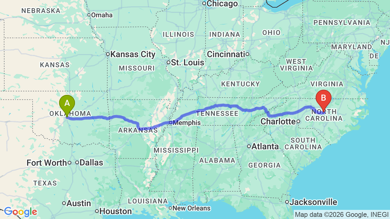 Route map: Oklahoma to North Carolina Car Shipping: Complete Relocator’s Guide