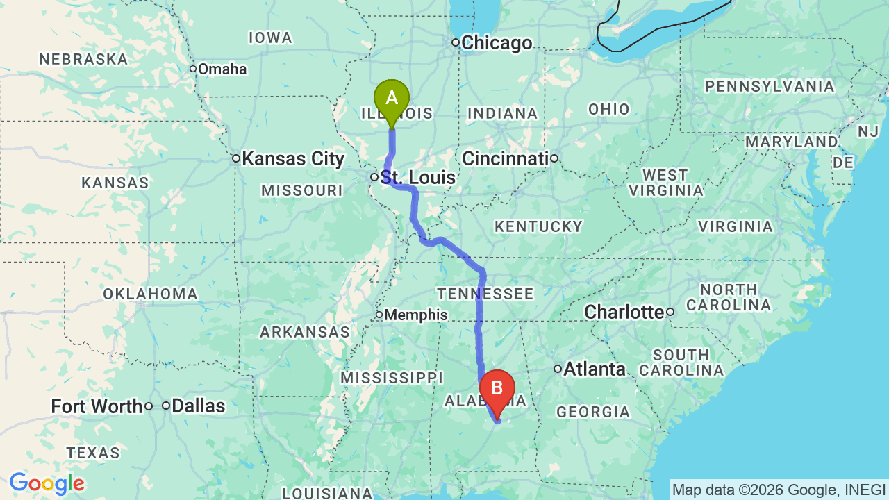 Route map: Illinois to Alabama Car Shipping: Relocate Your Vehicle with Ease