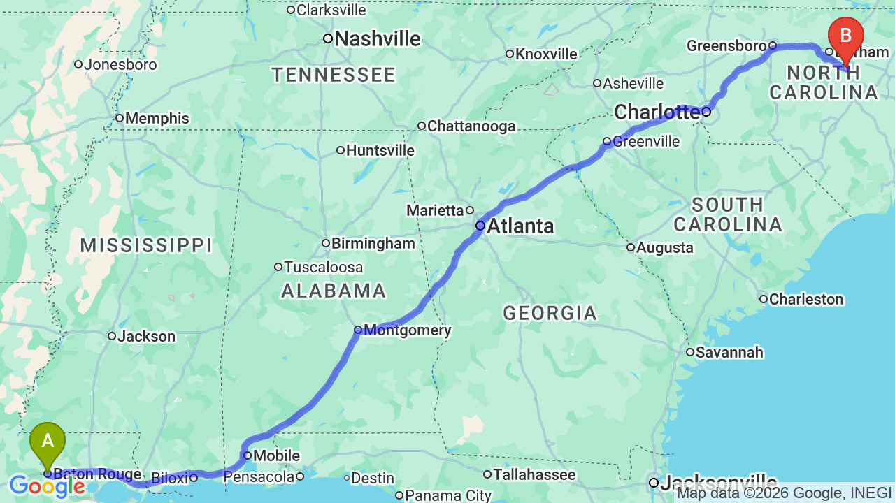 Route map: Louisiana to North Carolina Car Shipping: Expert Relocator Guide