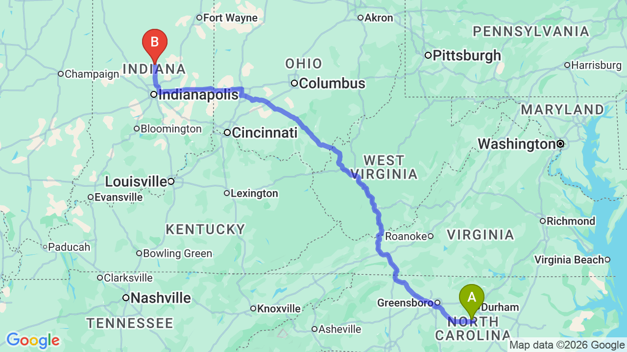 Route map: North Carolina to Indiana Car Shipping: Complete Guide