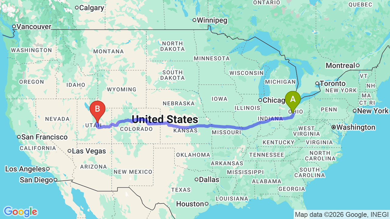 Route map: Ohio to Utah Car Shipping: Complete Relocator’s Guide