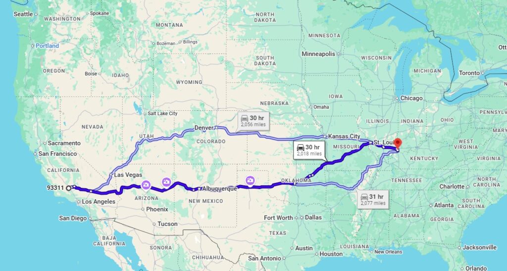 Bakersfield, CA, 93311 to Evansville, IN, 47710



