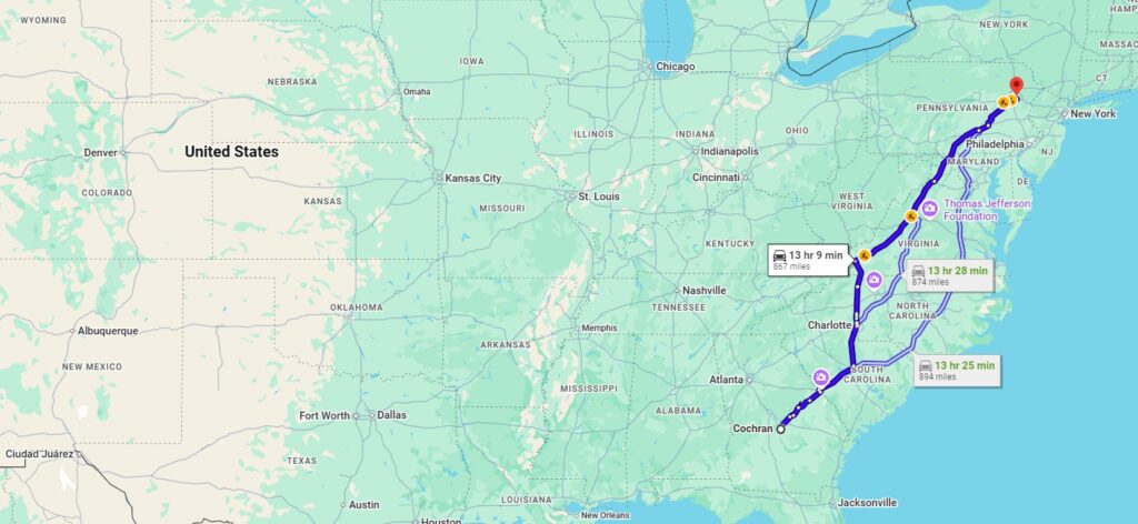 Cochran, GA, 31014 to Blakeslee, PA, 18610