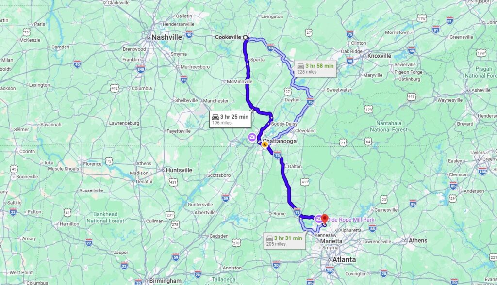 Cookeville, TN, 38506 to Woodstock, GA, 30188