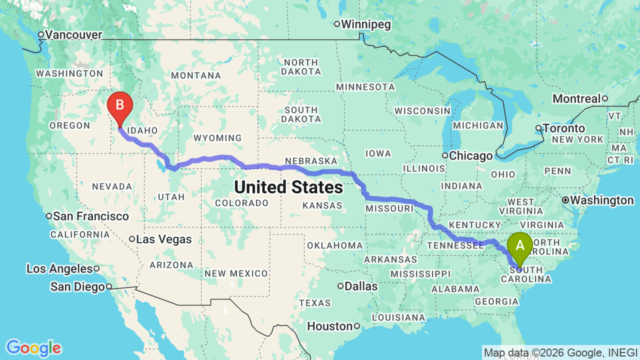 Route map: South Carolina to Idaho Car Shipping for Your Big Relocation