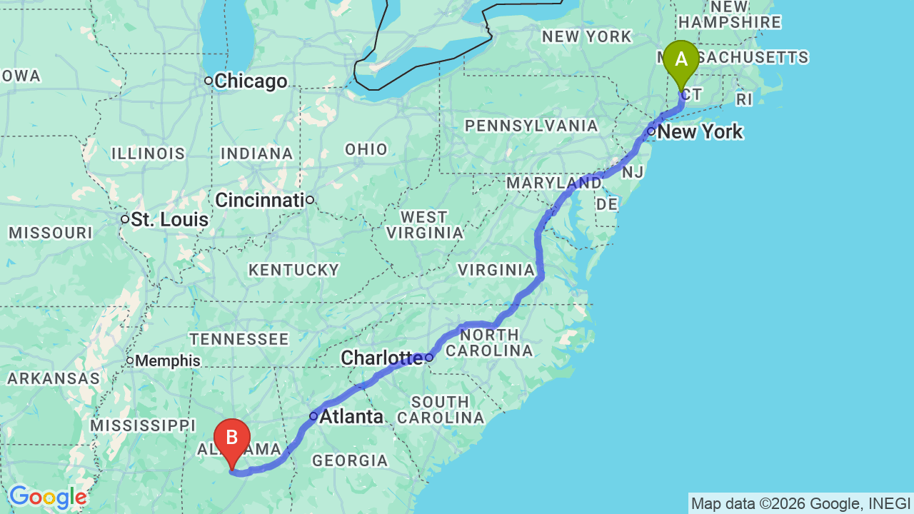 Route map: Connecticut to Alabama Car Shipping: Professional Vehicle Relocation