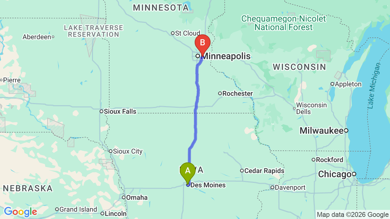 Route map: Iowa to Minnesota Car Shipping: Complete Guide