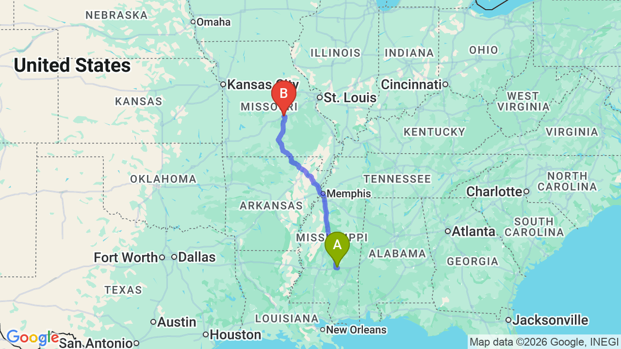 Route map: Mississippi to Missouri Car Shipping: Complete Relocator Guide