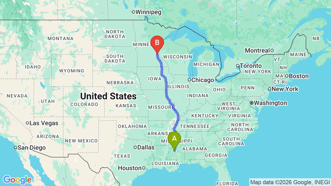 Route map: Mississippi to Minnesota Car Shipping: The Complete Relocator’s Guide