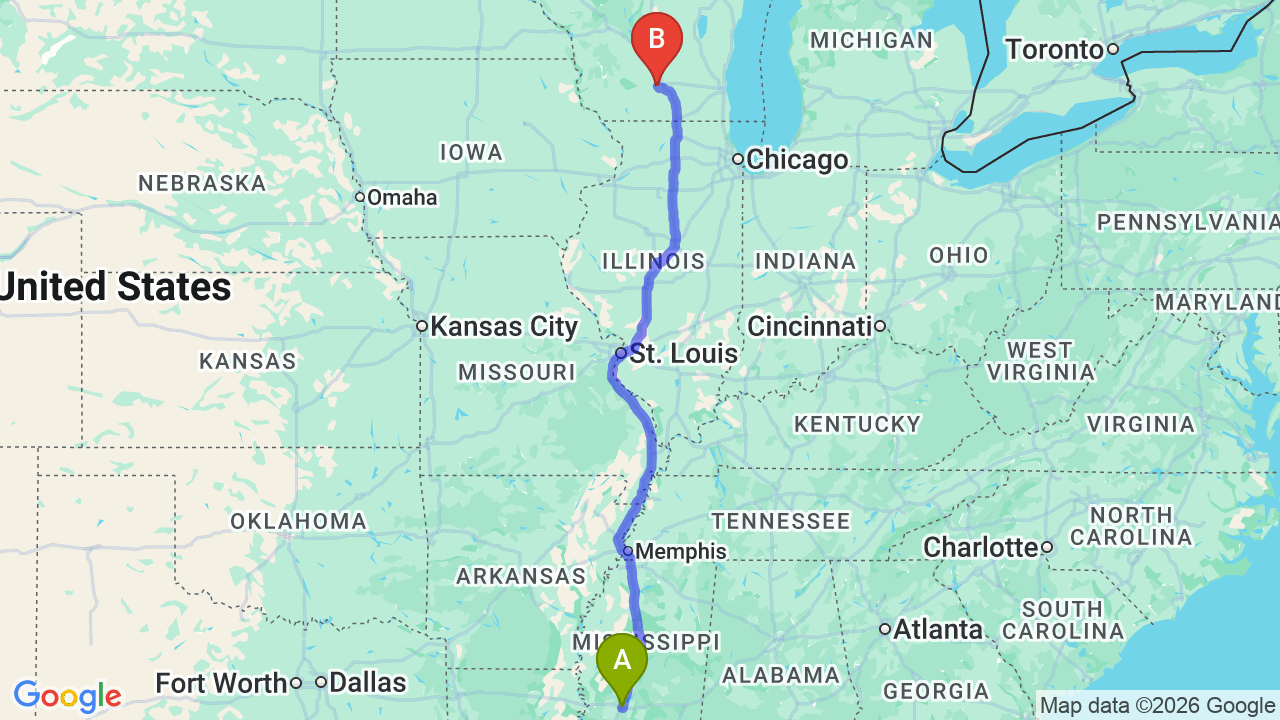 Route map: Mississippi to Wisconsin Car Shipping: The Complete Relocator’s Guide