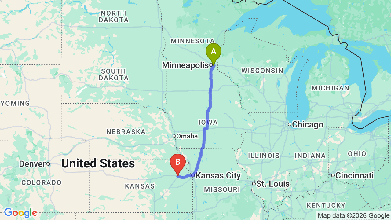Route map: Minnesota to Kansas Car Shipping: The Relocator’s Complete Guide