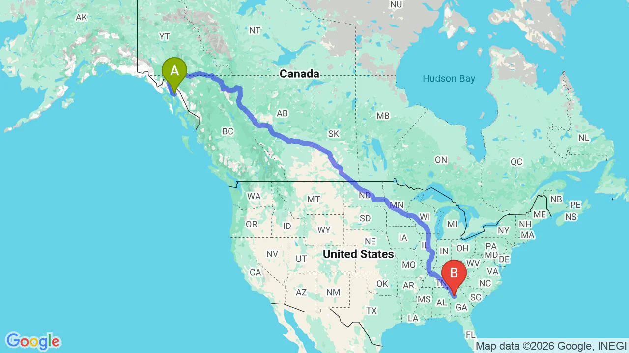 Route map: Alaska to Georgia Car Shipping: Relocator’s Complete Guide