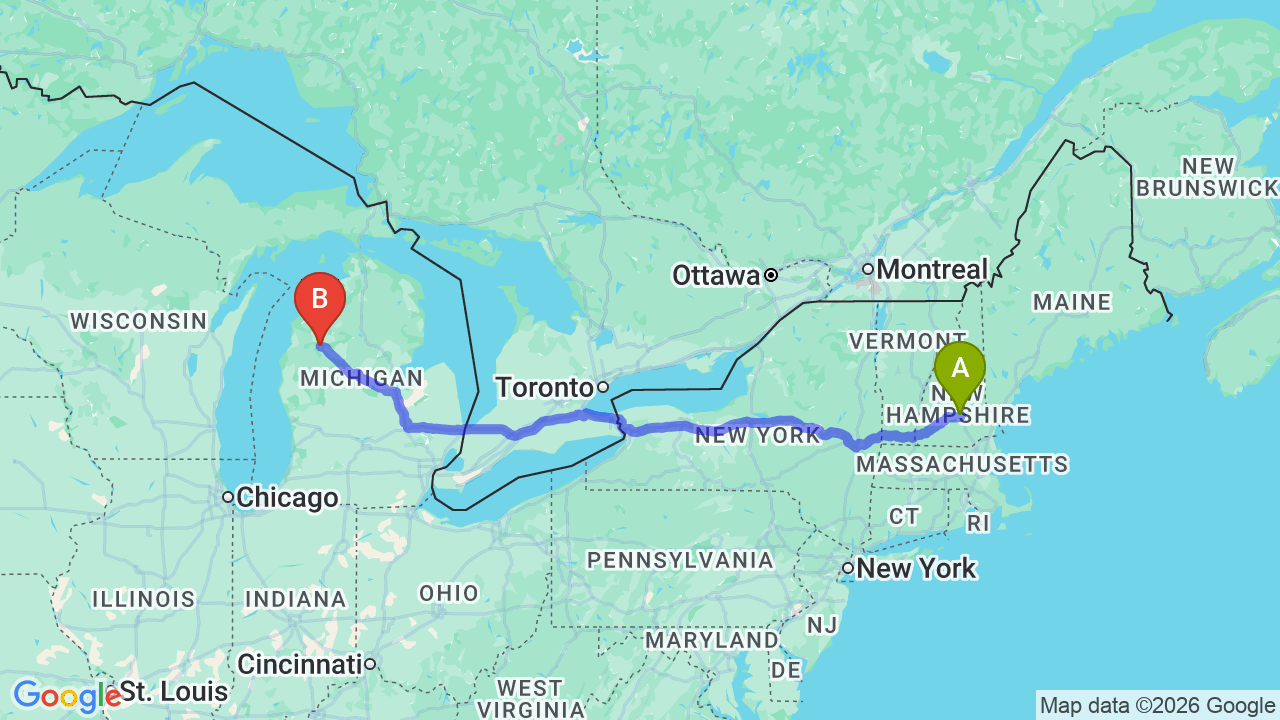 Route map: New Hampshire to Michigan Car Shipping: Professional Relocation Guide