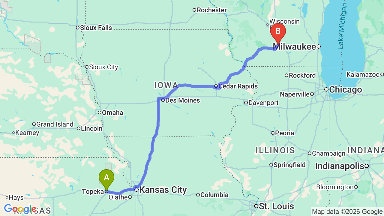 Route map: Kansas to Wisconsin Car Shipping: The Ultimate Relocation Guide