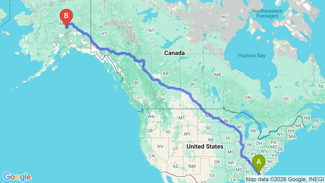 Route map: Georgia to Alaska Car Shipping: Professional Relocation Solutions