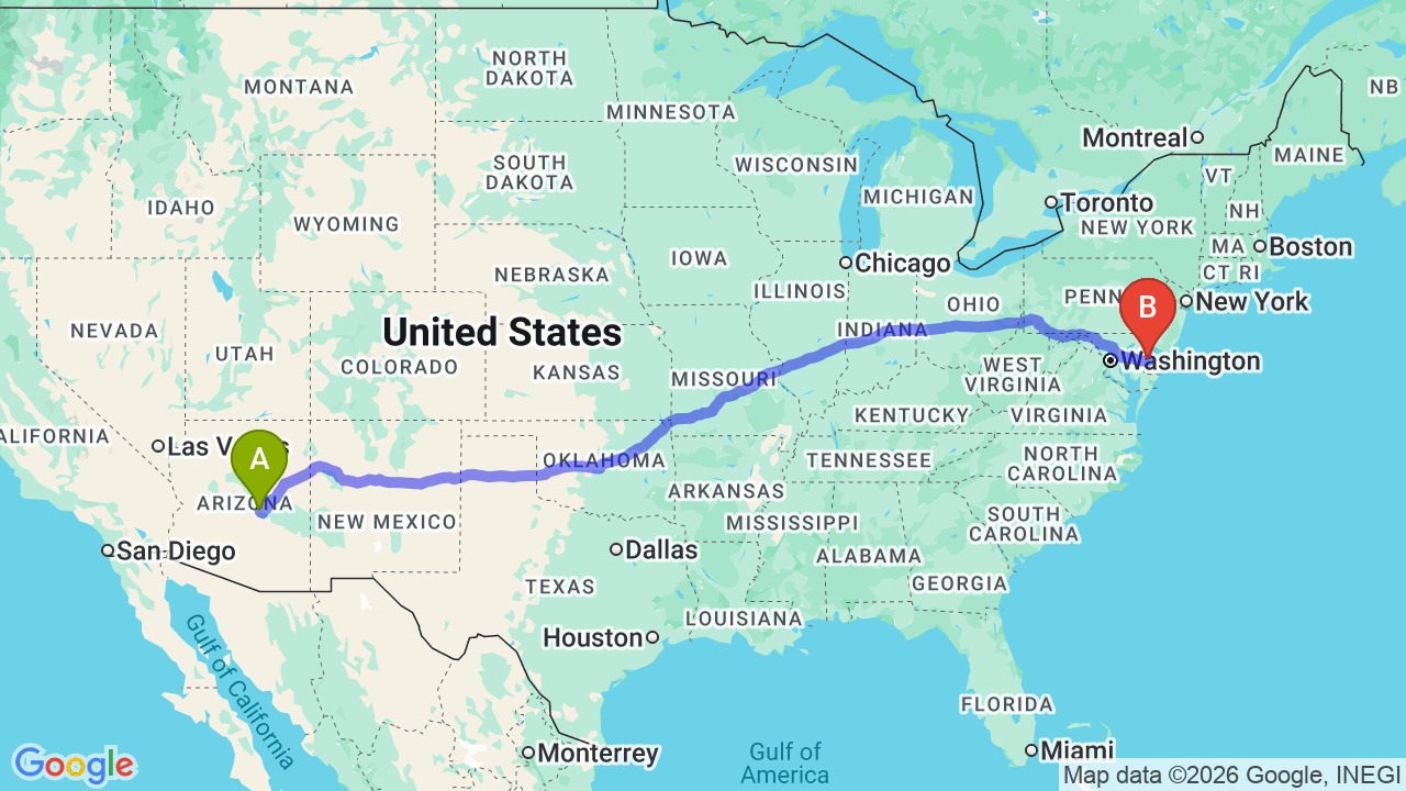Route map: Arizona to Delaware Car Shipping | Reliable Relocation Auto Transport