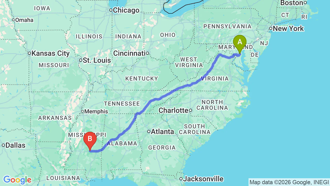 Route map: Maryland to Mississippi Car Shipping: The Complete Relocation Guide