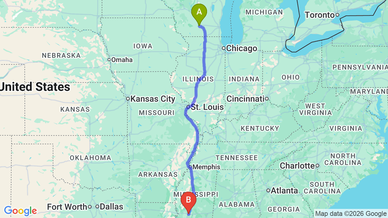 Route map: Wisconsin to Mississippi Car Shipping: Complete Guide