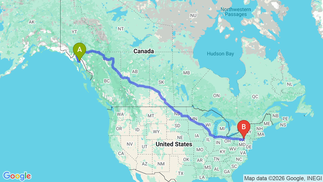 Route map: Alaska to Pennsylvania Car Shipping for Your Career Relocation