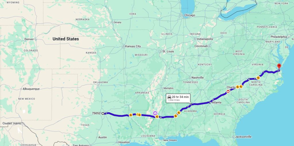 Grand Prairie, TX, 75052 to Norfolk, VA, 23505