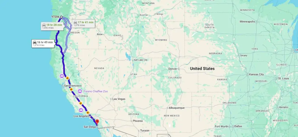 Portland, OR, 97206 to San Diego, CA, 92130
