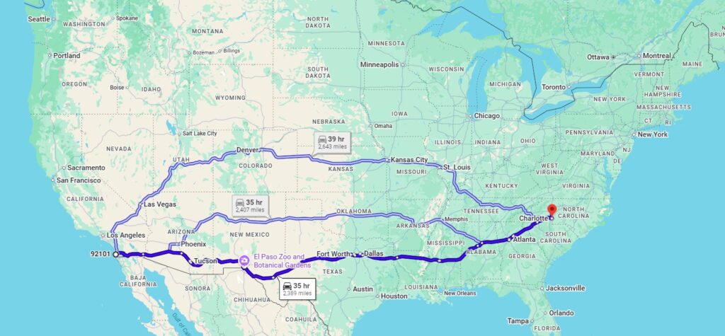 San Diego, CA, 92101 to Charlotte, NC, 28204