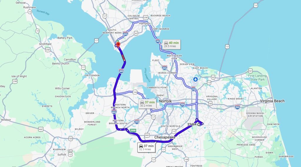 Virginia Beach, VA, 23464 to Newport News, VA, 23607