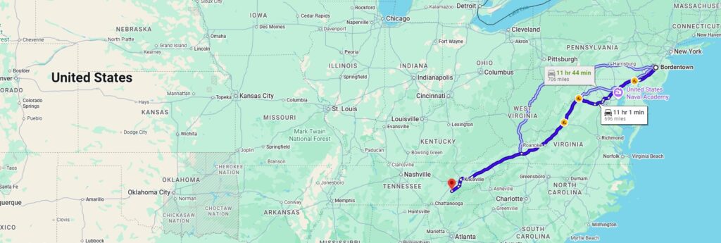 from Bordentown, NJ, 08505 to Madisonville, TN, 37354