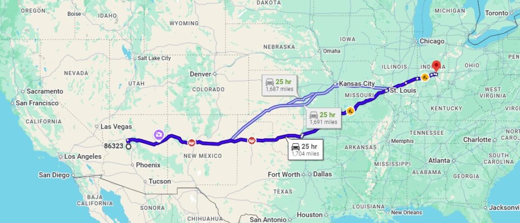 Chino Valley, AZ, 86323 to New Palestine, IN, 46163