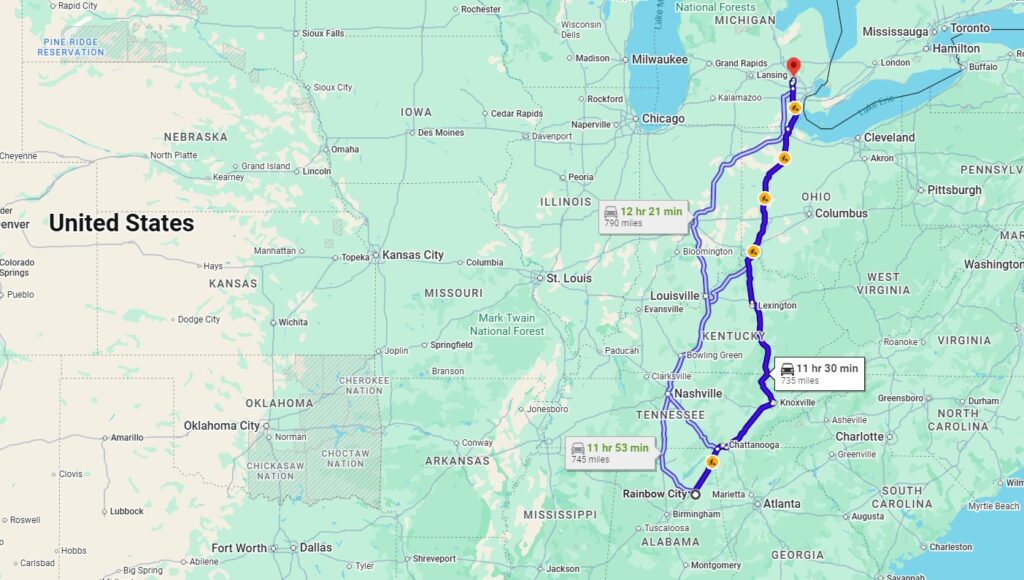 Rainbow City, AL, 35906 to Waterford, MI, 48327