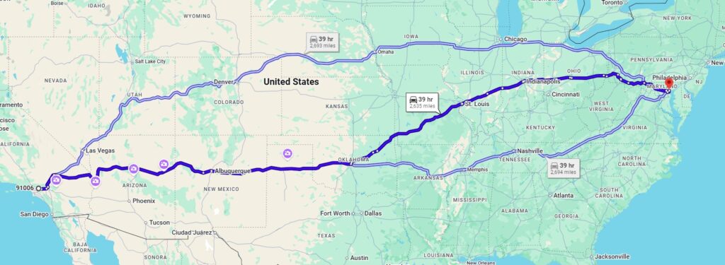 from Arcadia, CA, 91006 to Baltimore, MD, 21205