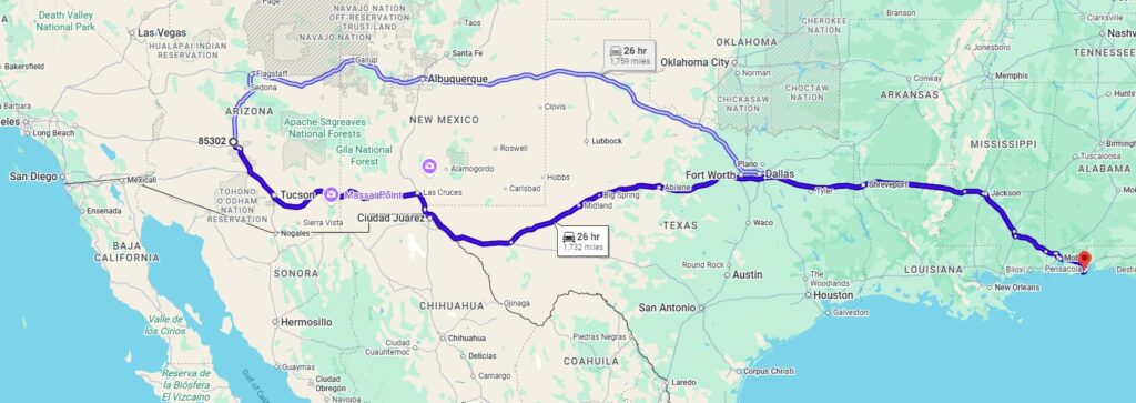 from Glendale, AZ, 85302 to Pensacola, FL, 32508