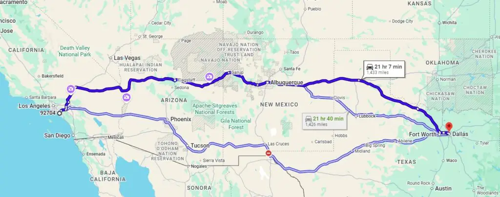 from Santa Ana, CA, 92704 to Dallas, TX, 75219