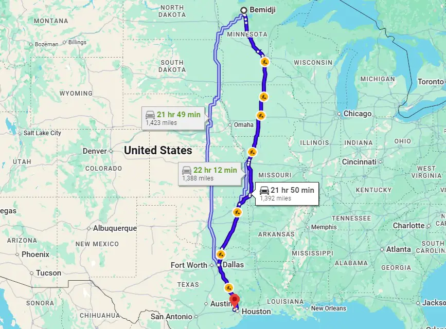 Bemidji, MN, 56601 to Houston, TX, 77041