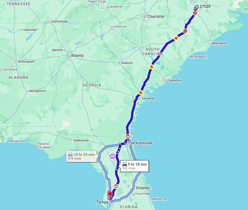 Clayton, NC, 27520 to Tampa, FL, 33613