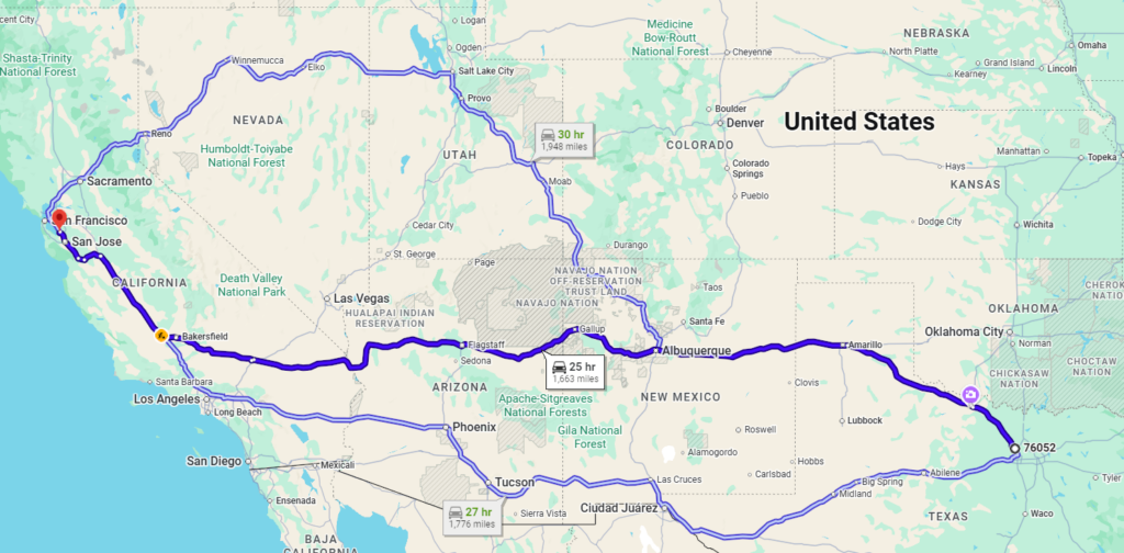 Fort Worth, TX, 76052 to Newark, CA, 94560