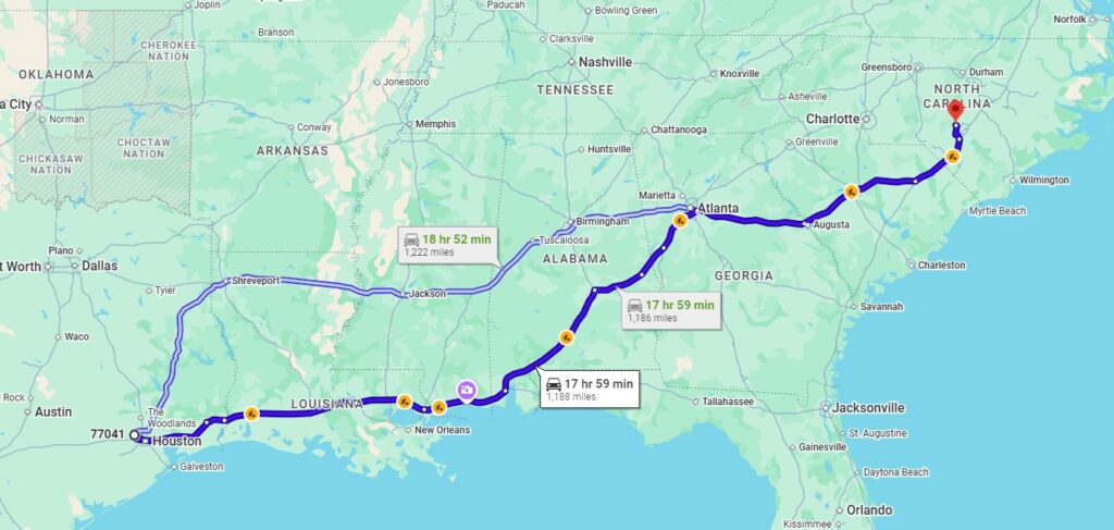 Houston, TX, 77041 to Fort Bragg, NC, 28307